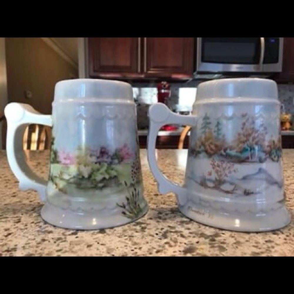 2 Hand painted pitcher beer stein Signed Swanson
